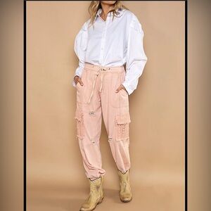 POL Distressed Cargo Denim Jogger with Crochet Pockets